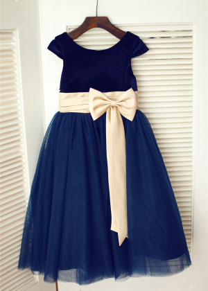 Navy Blue Velvet Tulle Tea Length Flower Girl Dress